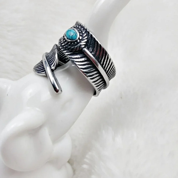 Boho Stainless Steel Feather Turquoise Ring Festival Gypsy Bohemian - Picture 5 of 8